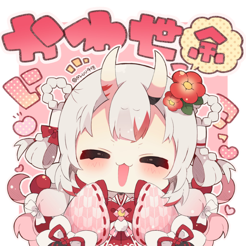1girl :d blush bow braid chibi closed_eyes commentary_request facing_viewer flower grey_hair hair_bow hair_flower hair_ornament hair_rings heart highres hololive horns japanese_clothes kimono long_sleeves multicolored_hair muuran nakiri_ayame oni oni_horns pleated_skirt red_bow red_flower red_skirt redhead skirt sleeves_past_fingers sleeves_past_wrists smile solo streaked_hair translation_request twin_braids twitter_username upper_body virtual_youtuber white_kimono wide_sleeves