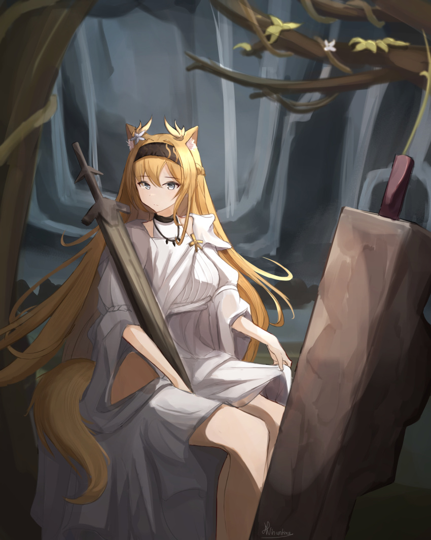 1girl animal_ear_fluff animal_ears arknights black_hairband blonde_hair closed_mouth commentary_request dress feet_out_of_frame fox_ears fox_girl fox_tail grey_eyes hair_between_eyes hairband highres horn_(arknights) horn_(to_effloresce_whitely)_(arknights) juliet_sleeves long_hair long_sleeves looking_at_viewer puffy_sleeves sitting solo sword tail very_long_hair vincentime weapon white_dress wide_sleeves
