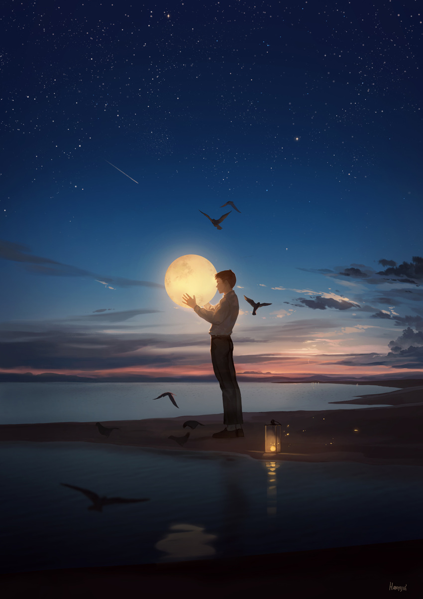 1boy animal artist_name bird black_pants brown_hair clouds collared_shirt from_side full_moon han_yijie highres holding_moon holding_orb lantern long_sleeves male_focus moon nature night night_sky ocean orb original outdoors pants profile reflection reflective_water shirt shooting_star shore short_hair sky standing star_(sky) starry_sky surreal twilight white_shirt wide_shot
