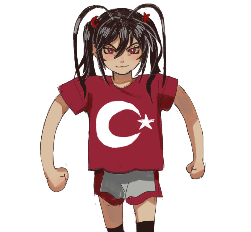 :3 antenna_hair brown_hair clenched_hands closed_mouth cockroach_girl crescent crescent-shaped_pupils crescent_hair_ornament grey_shorts hair_ornament highres looking_at_viewer medium_hair mossacannibalis original red_eyes red_shirt shirt shorts simple_background star-shaped_pupils star_(symbol) star_and_crescent star_hair_ornament symbol-shaped_pupils thigh-highs turkey_(country) twintails white_background
