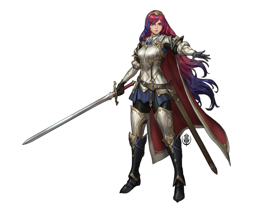1girl alear_(female)_(fire_emblem) alear_(fire_emblem) alternate_costume armor blue_eyes fire_emblem fire_emblem_engage full_body heterochromia highres jaeon009 long_hair multicolored_hair outstretched_arm red_eyes redesign redhead simple_background solo standing sword two-tone_hair unsheathed very_long_hair weapon white_background