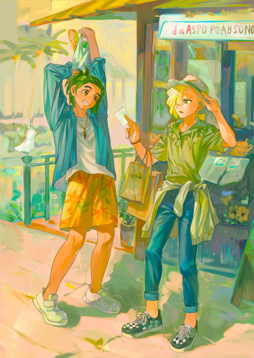 2boys alternate_costume arms_up blonde_hair brown_eyes commentary_request day denim ear_piercing eye_contact flower gladion_(pokemon) green_eyes green_hair grin hat hau_(pokemon) highres holding jacket jeans jewelry knees looking_at_another male_focus multiple_boys necklace open_clothes open_jacket outdoors palm_tree pants piercing pokemon pokemon_(game) pokemon_sm s67569077 shirt shoes short_ponytail shorts smile sneakers standing teeth tree