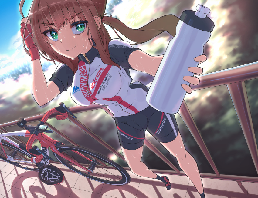 1girl arm_up backlighting bicycle bike_jersey bike_shorts blurry blurry_background bottle breasts brown_hair check_commentary clothes_writing commentary commentary_request depth_of_field eyelashes fingerless_gloves floating_hair forced_perspective gloves green_eyes ground_vehicle hand_in_own_hair highres holding holding_bottle hot looking_at_viewer medium_breasts original outdoors outstretched_arm ponytail railing short_sleeves shorts sidelocks smile sparkle sportswear strail_cycleman sunlight sweat water_bottle zipper