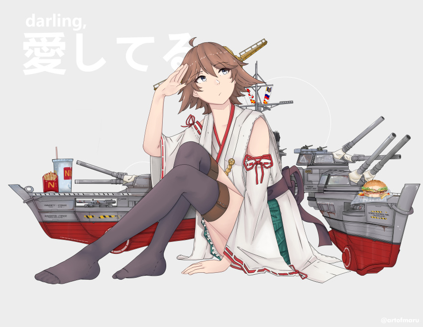 1girl absurdres anti-aircraft anti-aircraft_gun bananamaru bare_shoulders black_thighhighs brown_hair burger cannon cup detached_sleeves disposable_cup drinking_straw flipped_hair food french_fries frilled_skirt frills green_skirt grey_eyes headgear hiei_(kancolle) hiei_kai_ni_(kancolle) highres japanese_clothes kantai_collection knees_up legs mast no_shoes nontraditional_miko plaid plaid_skirt ribbon-trimmed_sleeves ribbon_trim rigging short_hair signal_flag sitting skirt smokestack solo thigh-highs turret