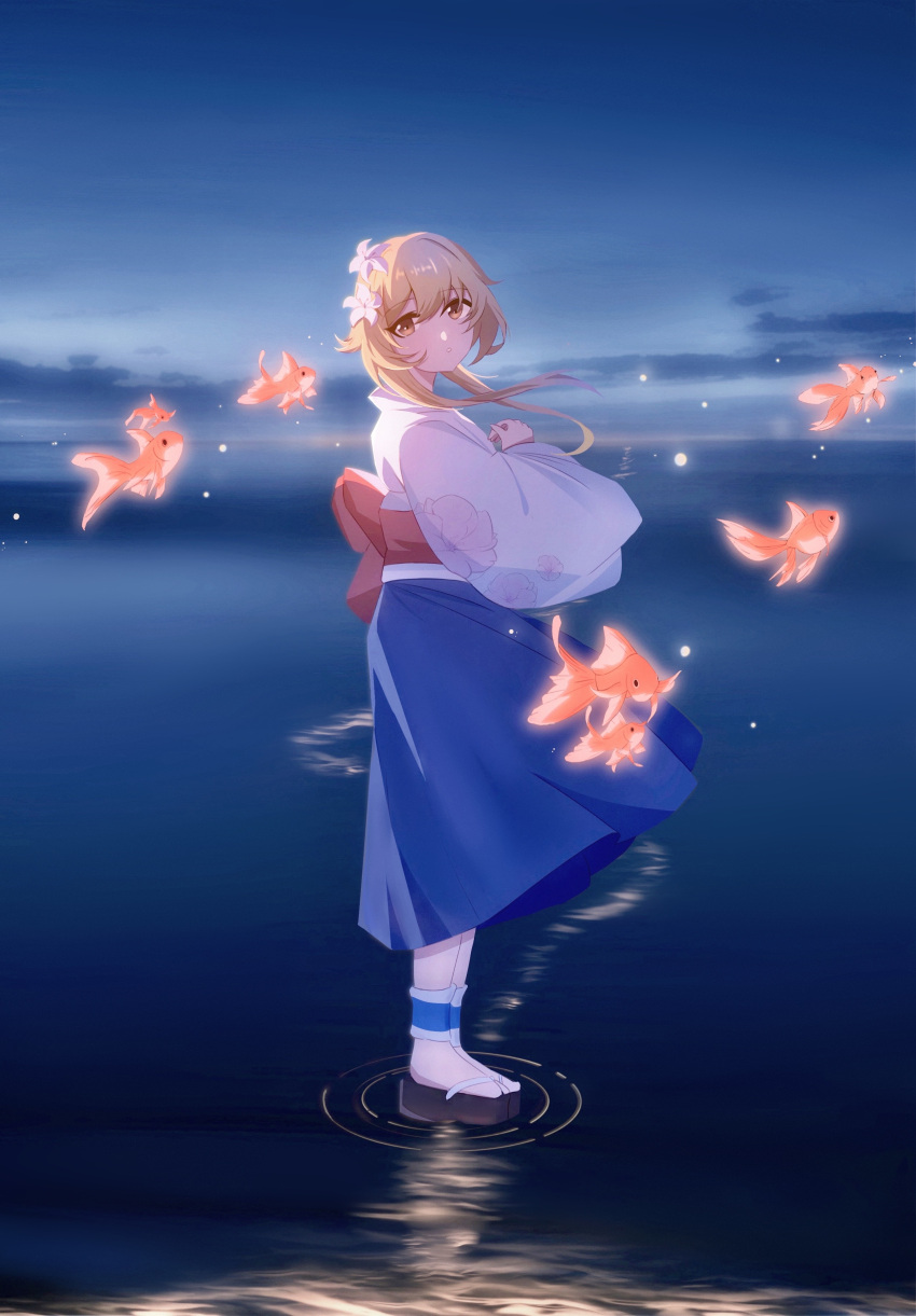 1girl absurdres animal black_footwear blonde_hair blue_skirt blush brown_eyes clouds commentary_request euzh266 fish flower from_side genshin_impact hair_between_eyes hair_flower hair_ornament highres japanese_clothes kimono long_hair long_sleeves lumine_(genshin_impact) outdoors pantyhose ripples sidelocks skirt solo standing standing_on_liquid sunrise water white_flower white_kimono white_pantyhose wide_sleeves zouri