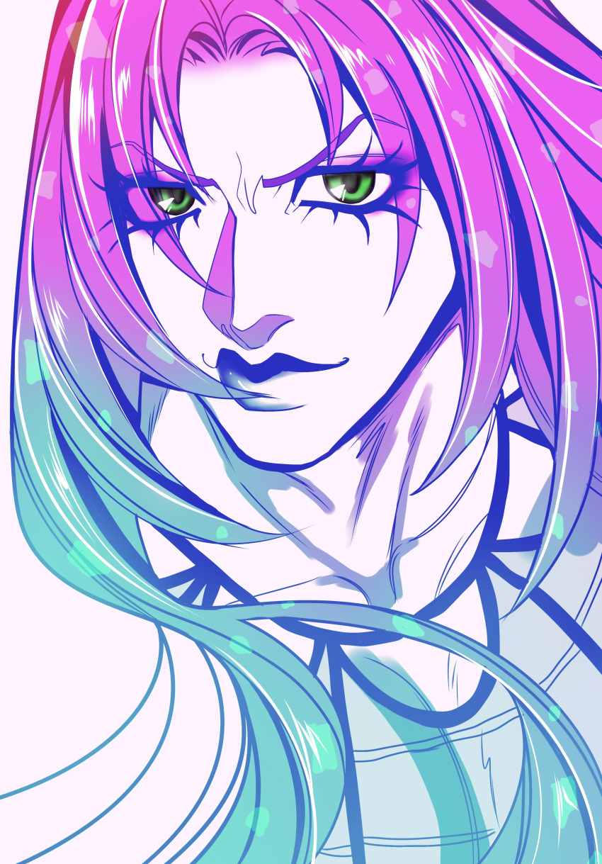1boy absurdres bishounen blue_lips commentary_request diavolo fishnet_top fishnets gradient_hair green_eyes green_hair highres jojo_no_kimyou_na_bouken limited_palette long_hair looking_at_viewer makeup male_focus multicolored_hair pink_hair portrait sayuri28050 solo spotted_hair vento_aureo