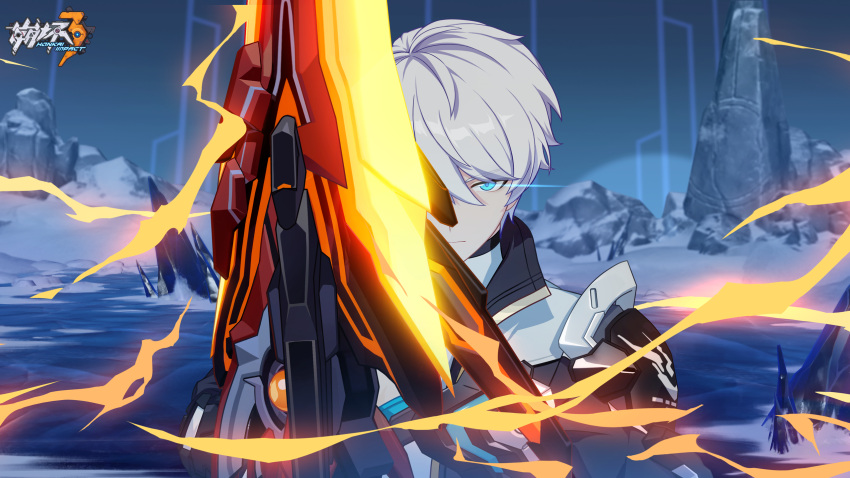 1boy blue_eyes chinese_commentary closed_mouth glowing glowing_eyes hair_between_eyes highres holding holding_sword holding_weapon honkai_(series) honkai_impact_3rd jacket kevin_kaslana logo looking_at_viewer male_focus official_art official_wallpaper serious short_hair snow solo sparks sword upper_body weapon white_hair