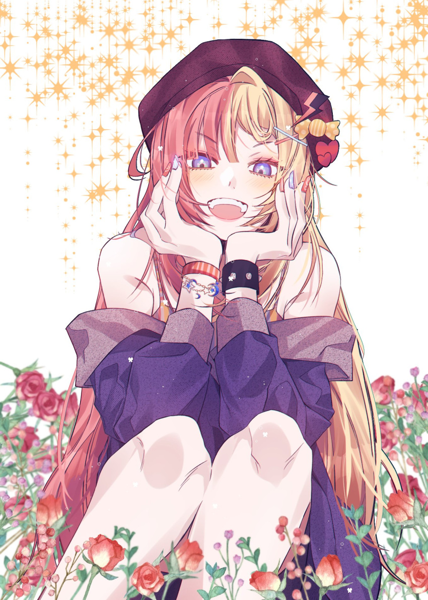 1girl beret black_headwear blonde_hair blue_eyes blush bracelet camisole candy_print crescent_moon fake_nails flower hair_ornament hat heart heart_print highres jewelry kotoka_torahime legs_together lightning_bolt_print long_hair looking_at_viewer moon multicolored_hair nijisanji nijisanji_en off_shoulder red_flower red_rose redhead rose should28 smile solo star_bracelet starry_background striped_camisole teeth too_many_flowers two-tone_hair upper_teeth_only virtual_youtuber white_background wristband x_hair_ornament