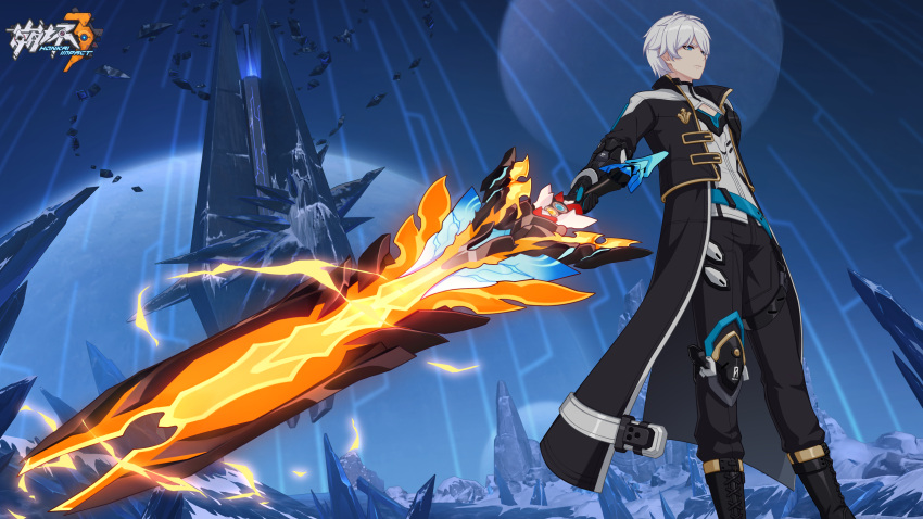 1boy belt black_footwear black_gloves black_pants black_sleeves blue_belt blue_eyes chinese_commentary cleavage_cutout closed_mouth clothing_cutout coat feet_out_of_frame gloves highres holding holding_sword holding_weapon honkai_(series) honkai_impact_3rd kevin_kaslana knee_pads long_coat long_jacket looking_ahead male_focus official_art official_wallpaper open_clothes open_coat pants parted_bangs short_hair single_knee_pad snow solo standing sword tower weapon white_hair