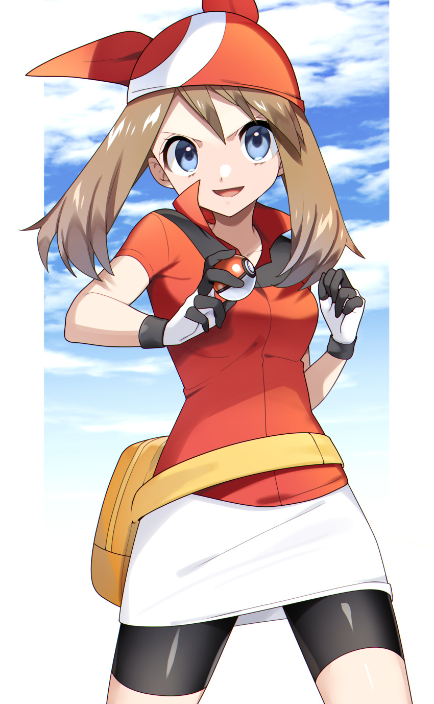 1girl absurdres bandana belt_bag bike_shorts bike_shorts_under_shorts blue_sky brown_hair clouds day determined gloves grey_eyes hands_up highres holding holding_poke_ball looking_at_viewer may_(pokemon) medium_hair open_mouth outdoors poke_ball poke_ball_(basic) pokemon pokemon_(game) pokemon_rse popped_collar red_bandana red_shirt shirt short_sleeves shorts sky solo white_shorts yuihico