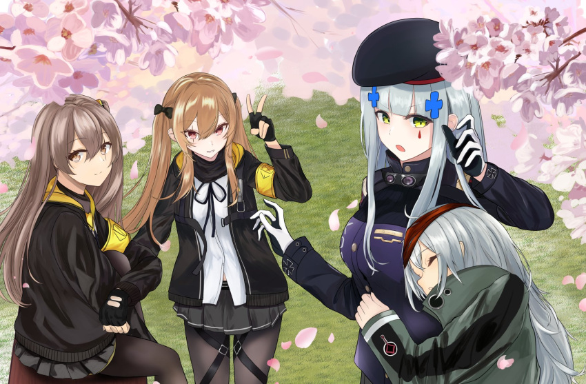 404_(girls'_frontline) 404_logo_(girls'_frontline) 4girls armband artist_request beret cherry_blossoms g11_(girls'_frontline) girls_frontline hanami hat highres hk416_(girls'_frontline) hug long_hair multiple_girls petals siblings side_ponytail sisters sleepy third-party_source twintails ump45_(girls'_frontline) ump9_(girls'_frontline) yellow_armband
