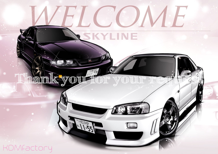 artist_name car chris_ilst commission english_text glint highres license_plate motor_vehicle nissan nissan_skyline nissan_skyline_gt-r nissan_skyline_r33 nissan_skyline_r34 no_humans original spoiler_(automobile) vehicle_focus vehicle_name