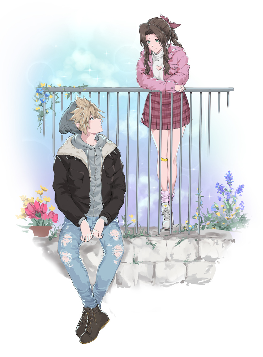 aerith_gainsborough bandaid bandaid_on_knee bandaid_on_leg beanie blonde_hair bow brown_hair cloud_strife denim dress final_fantasy final_fantasy_vii final_fantasy_vii_remake flower hand_on_railing hat herzenreine highres jacket jeans kivavis looking_at_another pants pink_bow pink_dress railing sitting spiky_hair torn_clothes torn_jeans torn_pants winter