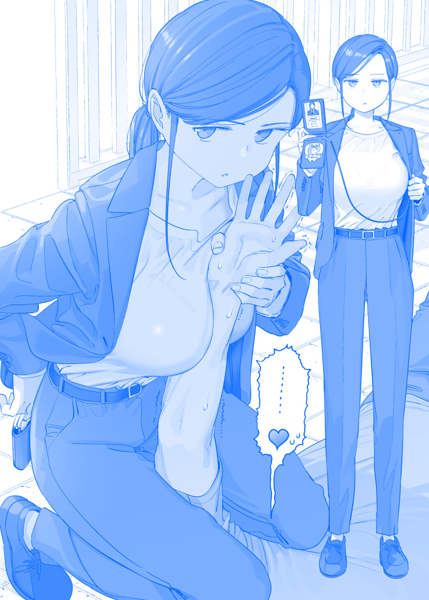 ... 1boy 1girl belt blue_theme breasts collarbone commentary cuffs disembodied_limb full_body getsuyoubi_no_tawawa handcuffs heart highres himura_kiseki holding holding_handcuffs jacket jitome large_breasts pants photo_(object) police police_badge police_uniform policewoman shoes solo spoken_ellipsis spoken_heart sweat swept_bangs trembling uniform