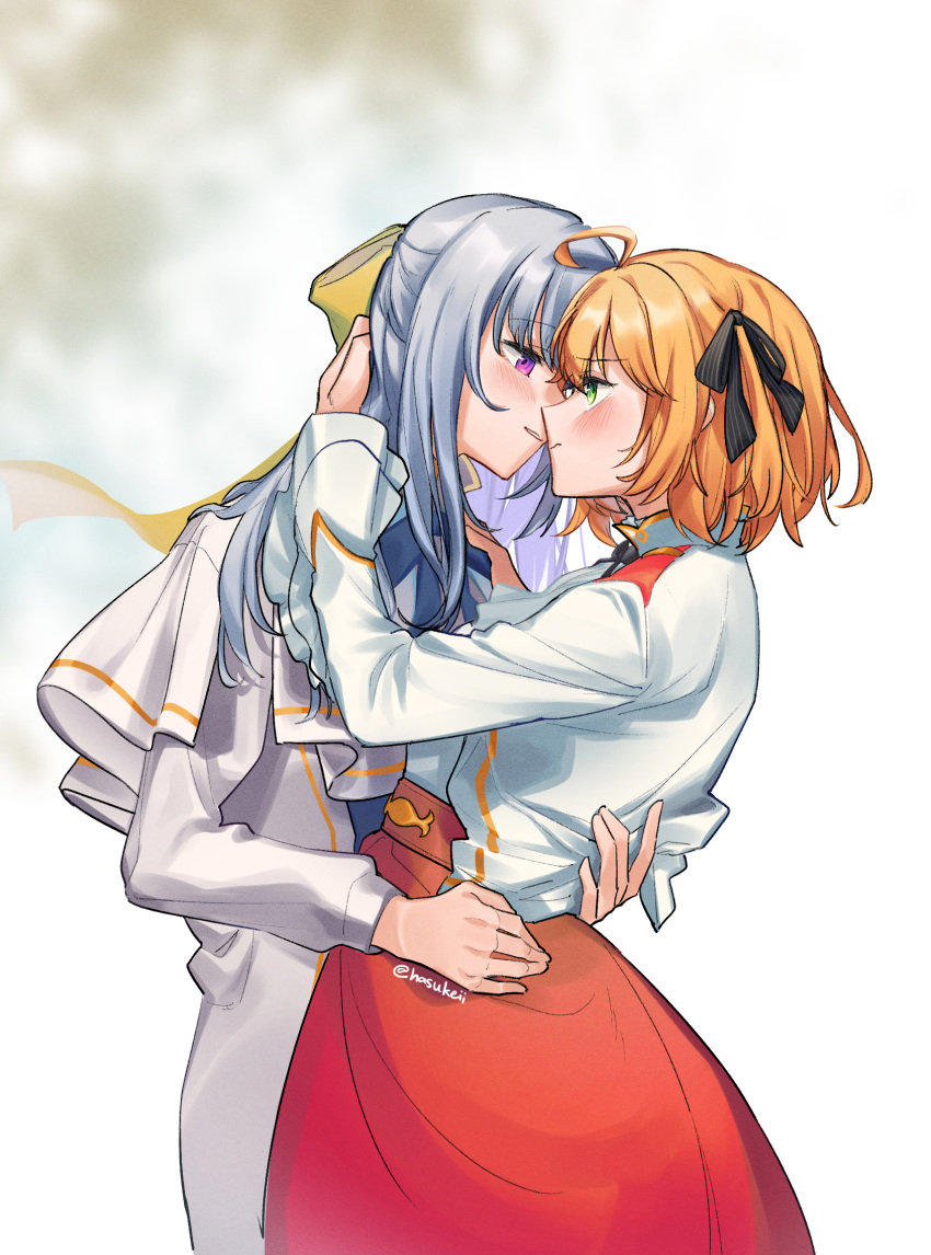 2girls ahoge anisphia_wynn_palettia black_ribbon blonde_hair blurry blurry_background blush commentary_request day dress euphyllia_magenta eye_contact grey_hair hair_ribbon hand_on_another's_head hand_on_another's_waist hasukeii highres imminent_kiss long_hair long_sleeves looking_at_another multiple_girls outdoors red_skirt ribbon shirt short_hair skirt smile tensei_oujo_to_tensai_reijou_no_mahou_kakumei tree violet_eyes white_dress white_shirt yellow_ribbon yuri