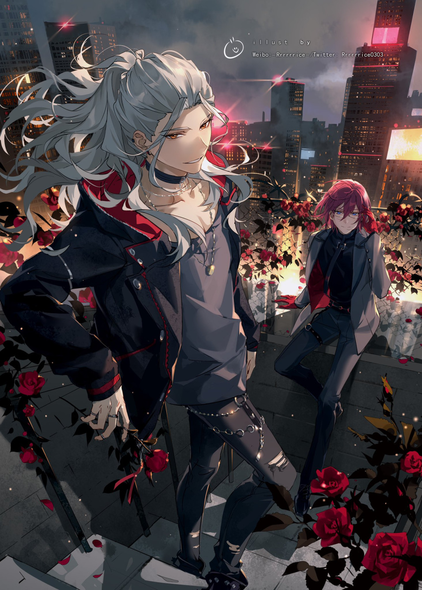 2boys black_shirt blue_eyes choker closed_mouth commentary english_commentary ensemble_stars! flower glasses gloves grey_hair grey_shirt hair_between_eyes highres holding holding_flower hood hood_down hooded_jacket jacket jewelry lapels long_hair long_sleeves male_focus multiple_boys necklace open_clothes open_jacket ponytail purple_hair ran_nagisa red_eyes red_flower red_gloves red_rose ring rose rrr_(reason) saegusa_ibara shirt short_hair stairs standing teeth twitter_username