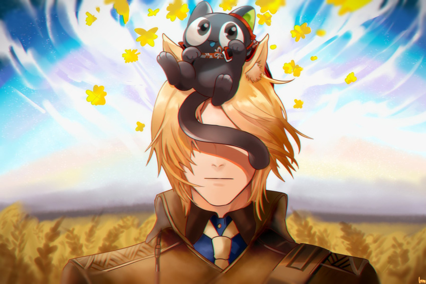 1boy animal_ear_fluff animal_ears animal_on_head arknights black_cat blonde_hair blue_shirt brown_coat cat closed_mouth coat commentary covered_eyes crossover english_commentary facing_viewer highres horse_boy horse_ears imma_artsu luoxiaohei male_focus mlynar_(arknights) necktie nose on_head outdoors shirt short_hair the_legend_of_luo_xiaohei wheat_field white_necktie