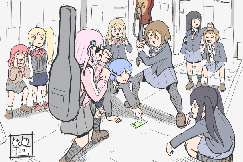 6+girls ahoge akiyama_mio ankle_socks black_jacket black_pantyhose black_socks blazer blonde_hair blue_hair blue_skirt bob_flow bocchi_the_rock! bow bowtie brown_cardigan brown_footwear brown_hair cardigan cellphone cheering clenched_hands closed_eyes collared_shirt commentary crossover cube_hair_ornament electric_guitar english_commentary fighting_stance gotou_hitori grey_skirt guitar hair_between_eyes hair_ornament hairband hairclip highres hirasawa_yui holding holding_instrument holding_phone ijichi_nijika instrument jacket k-on! kita_ikuyo kneehighs kotobuki_tsumugi loafers long_hair long_sleeves money multiple_girls nakano_azusa one_side_up open_clothes open_jacket open_mouth outdoors pantyhose phone pink_hair pink_jacket pleated_skirt recording red_bow red_bowtie red_footwear redhead sailor_collar sakuragaoka_high_school_uniform school_uniform shimokitazawa_high_school_uniform shirt shoes short_hair shuka_high_school_uniform side_ponytail sidelocks skirt smartphone socks squatting standing tainaka_ritsu teeth thick_eyebrows track_jacket twintails upper_teeth_only white_sailor_collar white_shirt white_socks yamada_ryou yellow_hairband