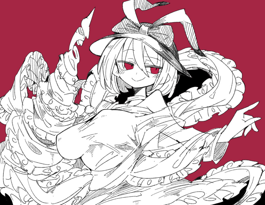 1girl bow breasts closed_mouth drill frilled_shawl frilled_skirt frills hat hat_bow highres large_breasts limited_palette long_sleeves looking_to_the_side massakasama nagae_iku red_background red_eyes shawl shirt short_hair simple_background skirt smile solo touhou upper_body