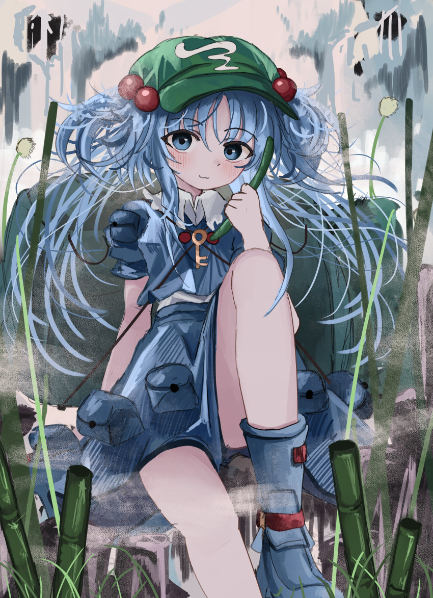 1girl :3 absurdres backpack bag bamboo blue_eyes blue_footwear blue_hair blue_shorts blue_skirt boots closed_mouth commentary cucumber english_commentary flat_cap green_headwear hair_bobbles hair_ornament hat highres kawashiro_nitori key long_hair looking_back ougiikun outdoors pocket rubber_boots short_sleeves shorts skirt smile solo touhou two_side_up