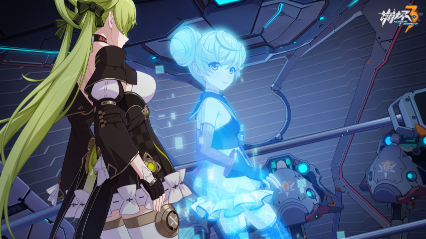 2girls ai-chan_(chrono_navi)_(honkai_impact) ai-chan_(honkai_impact) bare_shoulders black_gloves breasts chinese_commentary choker fingerless_gloves gloves green_hair green_ribbon hair_ribbon highres honkai_(series) honkai_impact_3rd indoors large_breasts long_hair long_sleeves looking_at_another multiple_girls official_art official_wallpaper parted_lips ribbon short_hair small_breasts standing thigh-highs very_long_hair white_thighhighs