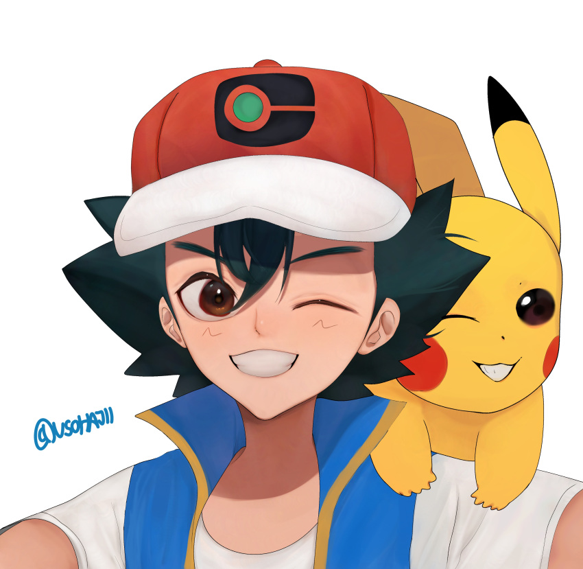 1boy absurdres ash_ketchum black_hair blue_vest brown_eyes grin hat highres male_focus multicolored_clothes multicolored_headwear one_eye_closed pikachu pokemon pokemon_(anime) red_headwear self-upload shirt signature smile vest white_headwear white_shirt