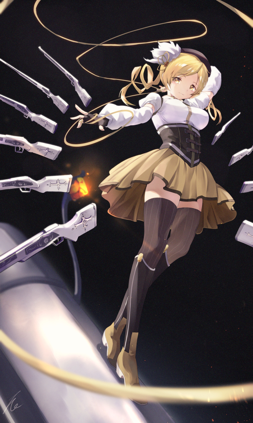 1girl absurdres beret black_gloves black_headwear blonde_hair breasts brown_thighhighs corset detached_sleeves drill_hair fingerless_gloves full_body gloves gun hat highres magia_record:_mahou_shoujo_madoka_magica_gaiden magical_girl magical_musket mahou_shoujo_madoka_magica medium_breasts pleated_skirt puffy_sleeves short_hair skirt smile solo standing striped striped_thighhighs taka.yana thigh-highs tomoe_mami twin_drills twintails vertical-striped_thighhighs vertical_stripes weapon yellow_eyes yellow_skirt