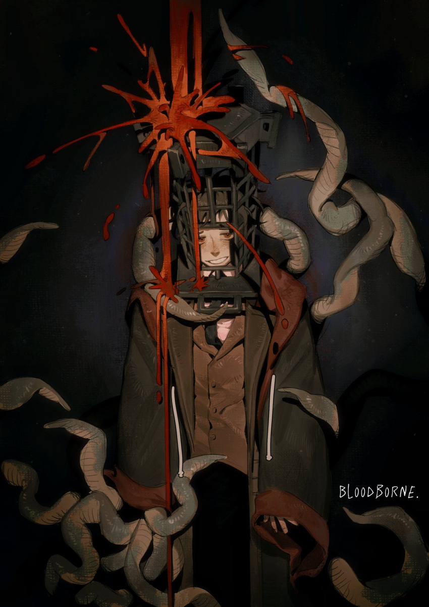 1boy blood bloodborne blush brown_hair brown_jacket brown_vest buttons copyright_name cowboy_shot creature freckles gradient_background grin highres jacket la_bo_chu_shi long_sleeves male_focus micolash_host_of_the_nightmare open_clothes open_jacket short_hair smile solo teeth tentacles vest wide_sleeves