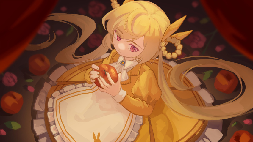 1girl apple apron blonde_hair closed_mouth collared_dress curtains dress food fruit highres holding holding_food holding_fruit lierenfelon long_hair long_sleeves looking_at_viewer pink_eyes shian_(synthesizer_v) sitting solo synthesizer_v twintails very_long_hair yellow_dress