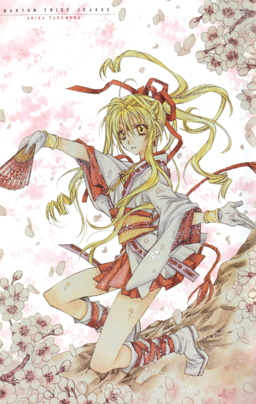 blonde_hair boots branch cherry_blossoms cross earrings fan floating_hair flower folding_fan gloves hair_ribbon highres japanese_clothes jewelry kaitou_jeanne kamikaze_kaitou_jeanne kusakabe_maron long_hair marker_(medium) obi official_art one_knee petals pleated_skirt pose ribbon serious skirt solo tanemura_arina traditional_media white_gloves wide_sleeves