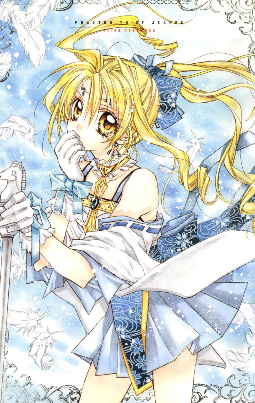 alternate_eye_color blonde_hair bow covering_mouth cross detached_sleeves drill_hair feathers floating_hair gloves hair_bow highres kaitou_jeanne kamikaze_kaitou_jeanne kusakabe_maron long_hair marker_(medium) obi official_art pleated_skirt ponytail ribbon scan skirt solo tanemura_arina title_drop traditional_media white_gloves wide_sleeves wind yellow_eyes
