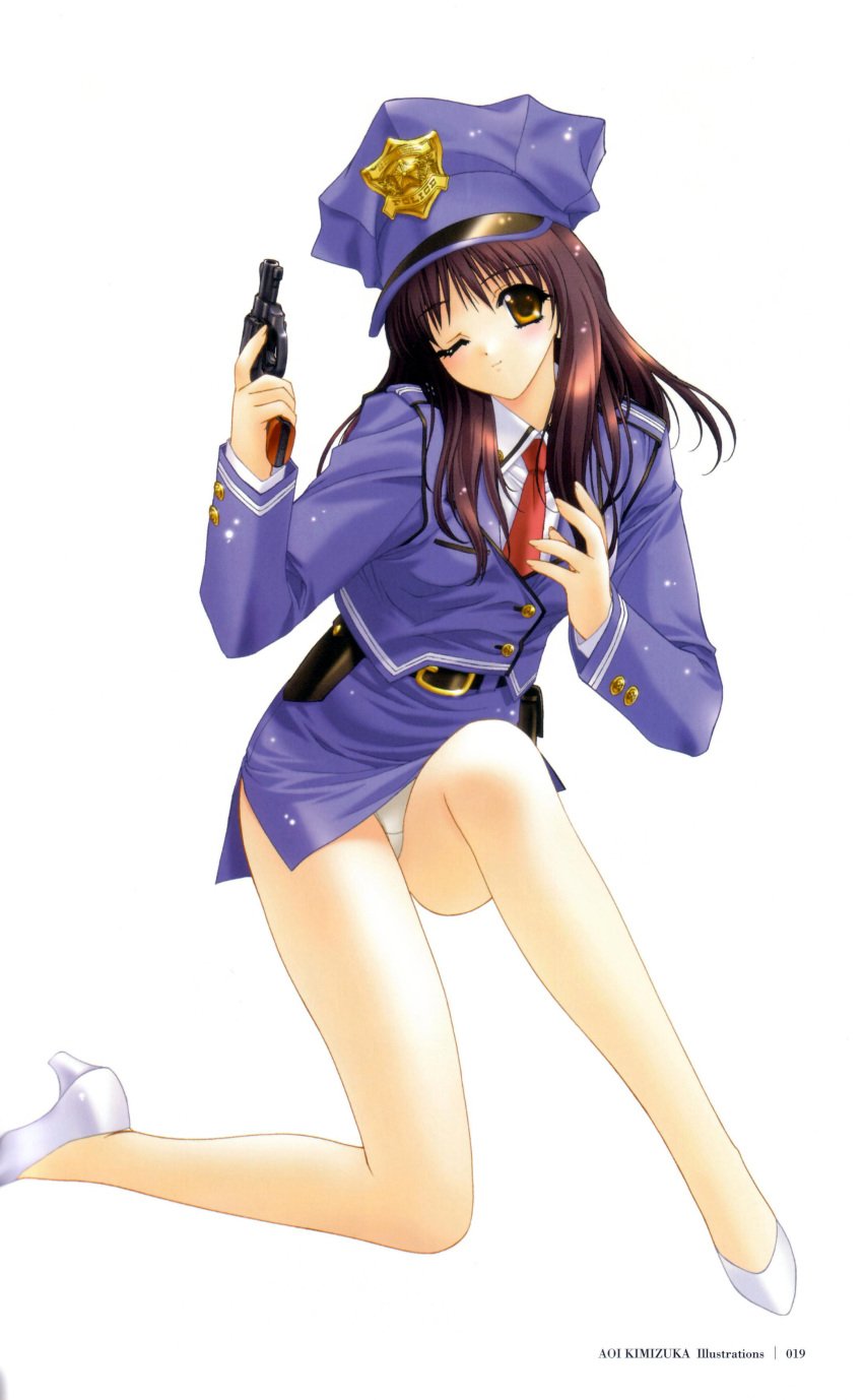 female gun hat high_heels kimizuka_aoi panties police police_uniform policewoman skirt solo tagme weapon