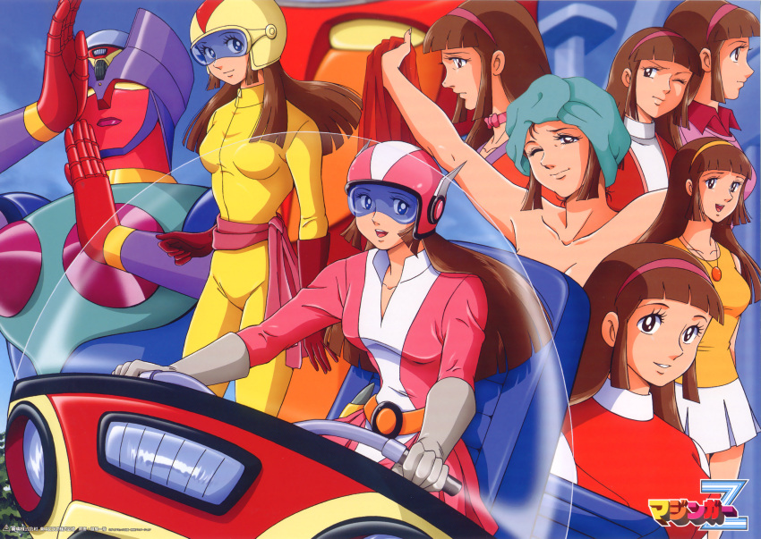 aphrodite_a bodysuit bow brown_eyes brown_hair diana_a gloves hairband helmet highres long_hair mazinger_z mazinkaiser mecha nude oldschool pilot_suit skirt smile towel visor wink yumi_sayaka