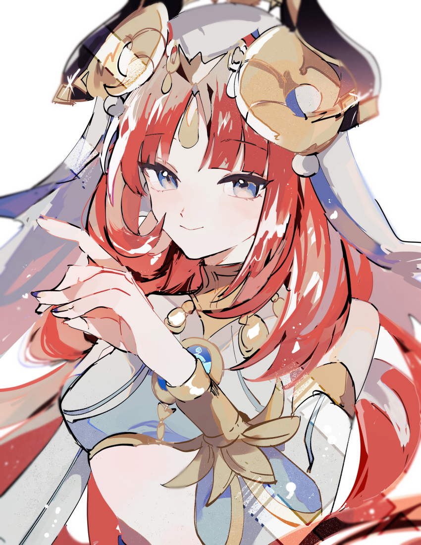 1girl absurdres blue_shirt closed_mouth crop_top fake_horns genshin_impact highres horns long_hair looking_at_viewer loomyoi2 nilou_(genshin_impact) off-shoulder_shirt off_shoulder redhead shirt smile solo veil violet_eyes white_background