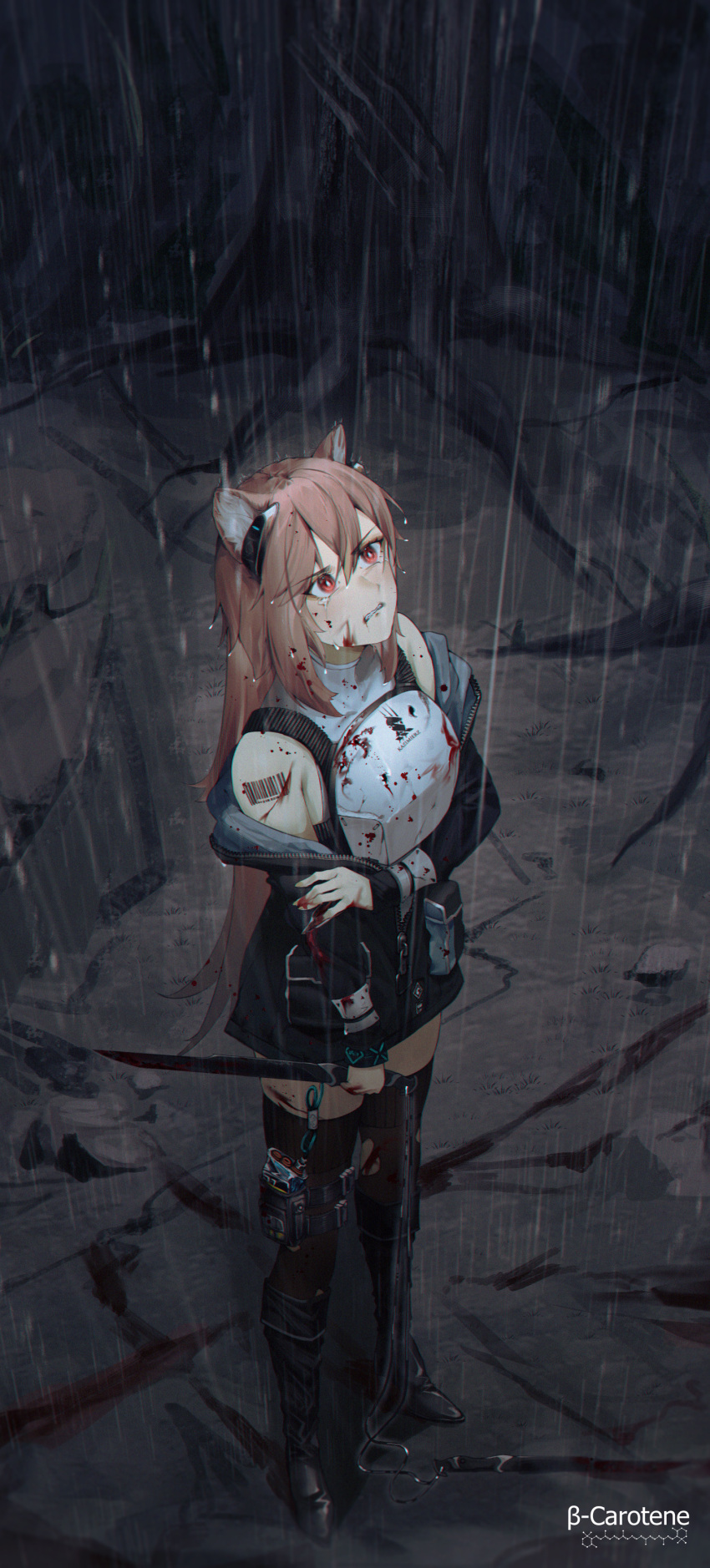 1girl absurdres animal_ears arknights artist_name barcode barcode_tattoo bare_shoulders black_footwear black_jacket blood blood_on_clothes blood_on_face boots brown_eyes brown_hair commission crying crying_with_eyes_open dagger full_body gravel_(arknights) highres holding holding_dagger holding_knife holding_weapon jacket knife long_hair long_sleeves lufi_ays rain reverse_grip solo standing sweater tattoo tears thigh_boots turtleneck turtleneck_sweater weapon wet wet_clothes wet_hair