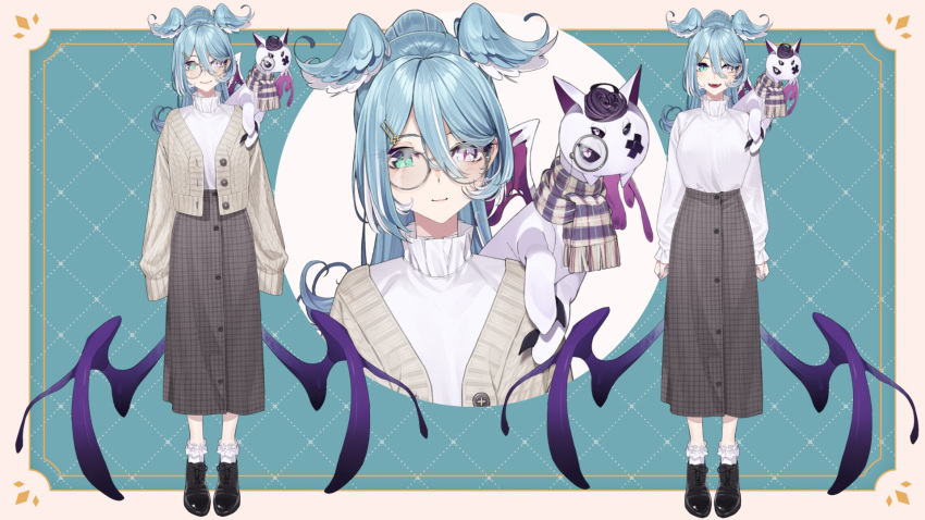 1girl 1other aqua_background blue_eyes blue_hair blue_wings blush border brown_cardigan brown_scarf brown_skirt butterfly_earrings buttons cardigan checkered_clothes checkered_skirt closed_mouth collar earrings elira_pendora eyewear_strap fangs frilled_collar frilled_socks frills full_body glasses hair_between_eyes hair_ornament hairclip head_wings heterochromia high_ponytail highres jewelry kamameshi_gougoumaru long_hair long_skirt long_sleeves looking_at_viewer monocle multicolored_clothes multicolored_hair multicolored_scarf multiple_views nijisanji nijisanji_en official_alternate_costume official_alternate_hairstyle official_art open_mouth purple_scarf round_eyewear scarf second-party_source shirt_tucked_in skirt sleeves_past_fingers sleeves_past_wrists smile socks sweater violet_eyes virtual_youtuber white_border white_hair white_socks white_sweater wings