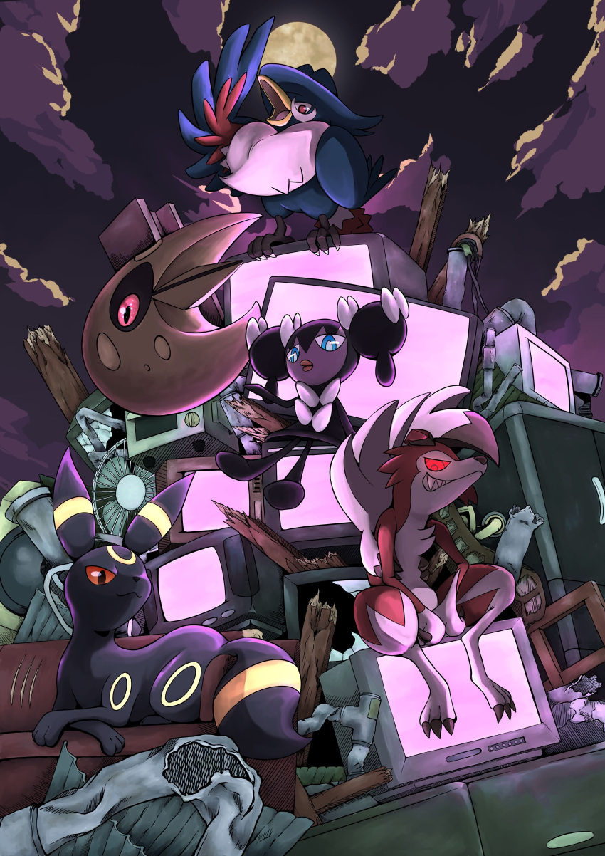 absurdres blue_eyes clouds colored_sclera electric_fan full_moon gothorita highres honchkrow junk junkyard looking_down lunatone lycanroc lycanroc_(midnight) moon night pokemon pokemon_(creature) q-chan red_eyes red_sclera sitting television umbreon wood
