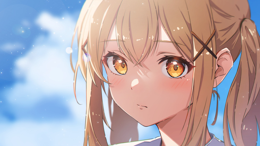 1girl absurdres bang_dream! blonde_hair blue_sky blurry blurry_background blush chromatic_aberration closed_mouth clouds commentary crossed_bangs day depth_of_field hair_between_eyes hair_ornament highres ichigaya_arisa lens_flare light_particles long_hair looking_at_viewer negoma54 outdoors portrait shirt sidelocks sky solo twintails white_shirt x_hair_ornament yellow_eyes