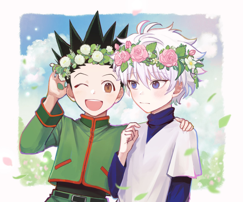 2boys black_shirt blue_eyes blush brown_eyes clouds cloudy_sky falling_leaves flower gon_freecss green_jacket green_shorts head_wreath highres hunter_x_hunter jacket killua_zoldyck layered_sleeves leaf long_sleeves looking_at_viewer male_child male_focus multiple_boys od_stc one_eye_closed outdoors shirt short_hair short_over_long_sleeves short_sleeves shorts sky smile spiky_hair white_hair white_shirt