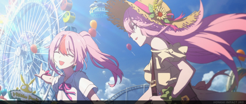 2girls ^_^ alternate_costume bag balloon bare_shoulders bracelet breasts brown_bag chinese_commentary closed_eyes day english_text family ferris_wheel hat high_ponytail highres holding_hands homu_(honkai_impact) honkai_(series) honkai_impact_3rd jewelry large_breasts long_hair looking_at_another multicolored_hair multiple_girls official_art official_wallpaper outdoors parted_lips pink_hair pointing rin_(honkai_impcat) shirt shoulder_bag siblings sisters sky small_breasts smile streaked_hair upper_body very_long_hair white_shirt yae_sakura