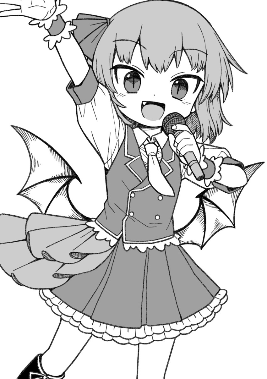 1girl arm_up bat_wings blush collared_shirt fang flandre_scarlet greyscale highres holding holding_microphone looking_at_viewer microphone monochrome necktie oninamako open_mouth shirt short_hair slit_pupils smile solo touhou wings