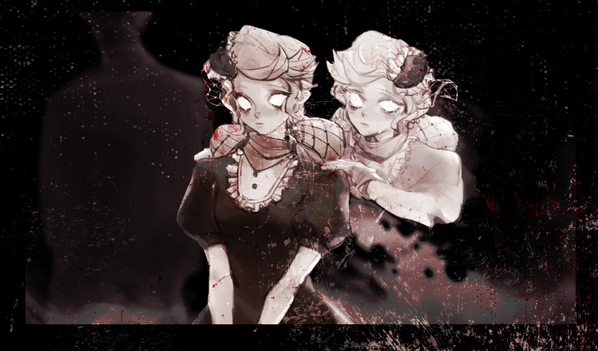 2girls abigail_(don't_starve) absurdres bags_under_eyes black_dress blank_eyes blonde_hair blood blood_in_hair blood_on_arm border comforting crying dissolving don't_starve double_bun dress fishnets ghost hair_bun hand_on_another's_shoulder highres humanization mierbuli mourning multiple_girls official_alternate_costume official_alternate_hairstyle photo_(object) puffy_short_sleeves puffy_sleeves red_scarf sad scarf short_sleeves siblings silhouette sisters solo_focus swept_bangs tears twins upper_body veil wendy_(don't_starve)