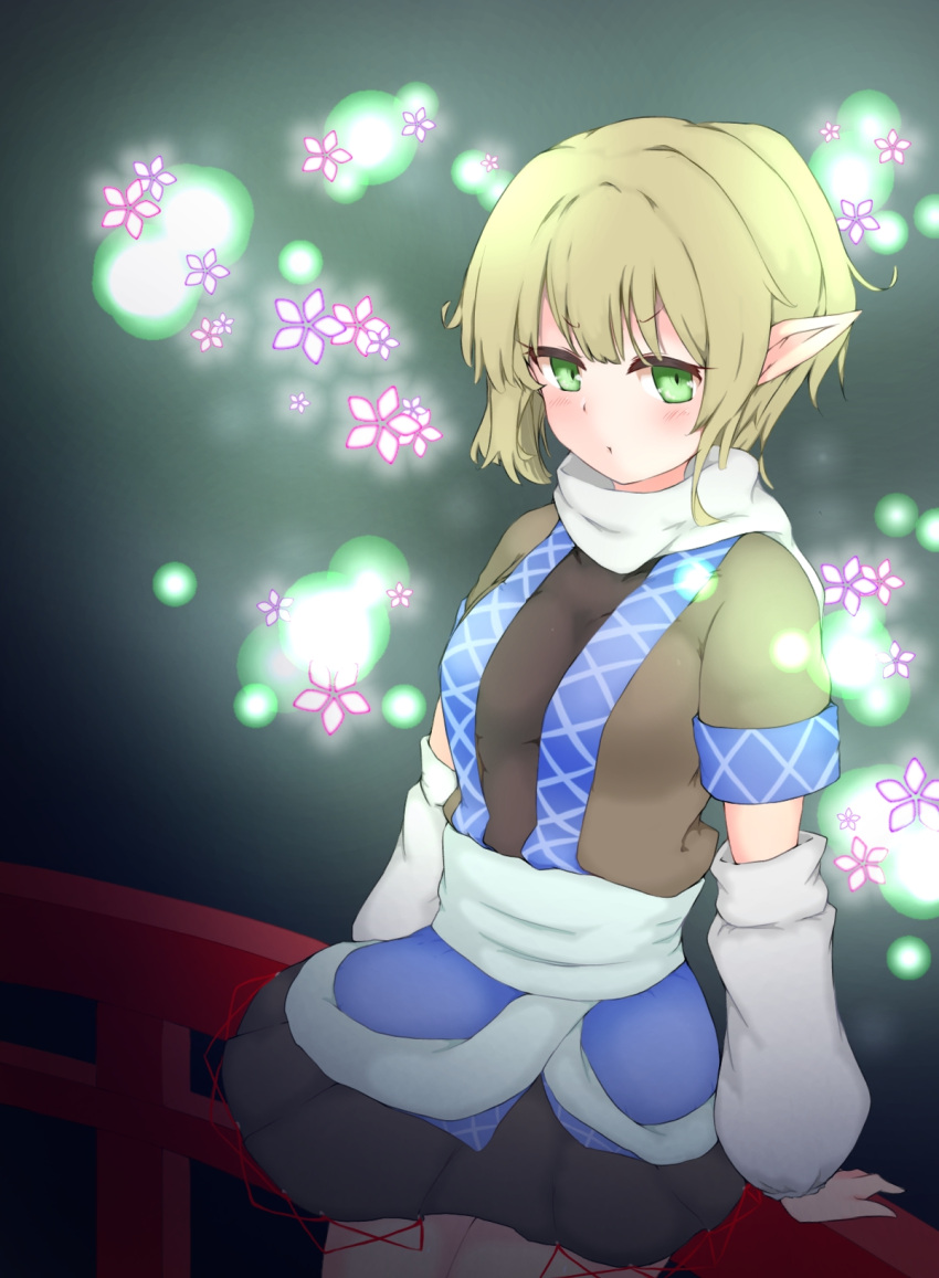 1girl :t arm_warmers black_dress blonde_hair blush breasts brown_shirt closed_mouth commentary_request cowboy_shot cowlick dress flower green_eyes highres kanikoukaku leaning_back looking_at_viewer medium_bangs medium_breasts mizuhashi_parsee parsee_day pink_flower pointy_ears railing sash scarf shirt short_hair short_sleeves solo touhou v-shaped_eyebrows white_sash white_scarf