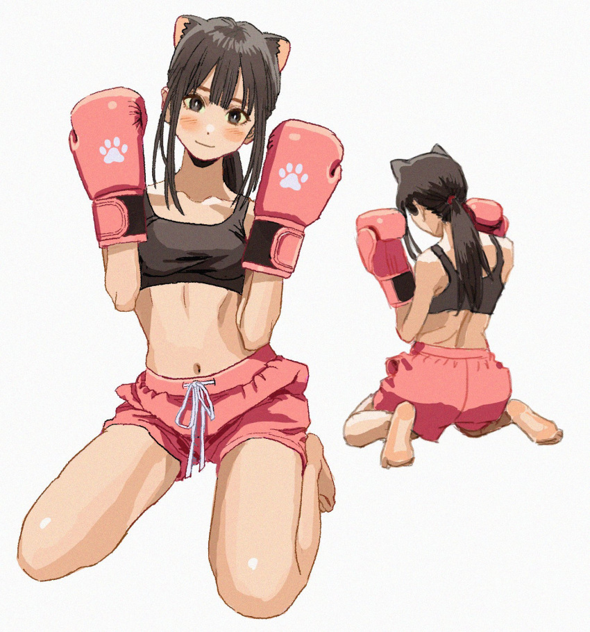 1girl animal_ears baggy_shorts blush boxing_gloves breasts brown_eyes brown_hair cat_ears collarbone from_behind full_body hair_tie hand_up head_tilt highres light_smile long_hair looking_at_viewer median_furrow multiple_views navel pink_shorts ponytail real_life shiren_(ourboy83) shorts sidelocks simple_background sitting small_breasts solo sports_bra tomboy white_background