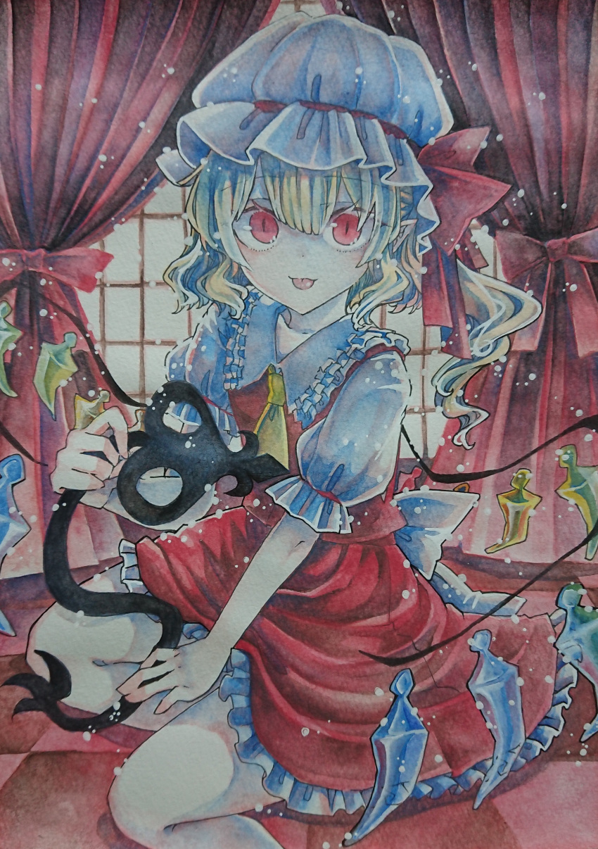 1girl absurdres back_bow bow chaka3464 checkered_floor collarbone crystal feet_out_of_frame flandre_scarlet frilled_shirt_collar frilled_skirt frilled_sleeves frills hat highres holding holding_polearm holding_weapon indoors laevatein_(touhou) looking_at_viewer making-of medium_hair mob_cap multicolored_wings on_floor polearm puffy_short_sleeves puffy_sleeves red_curtains red_eyes red_skirt red_vest shirt short_sleeves skirt skirt_set solo tongue tongue_out touhou traditional_media vest weapon white_bow white_headwear white_shirt window wings