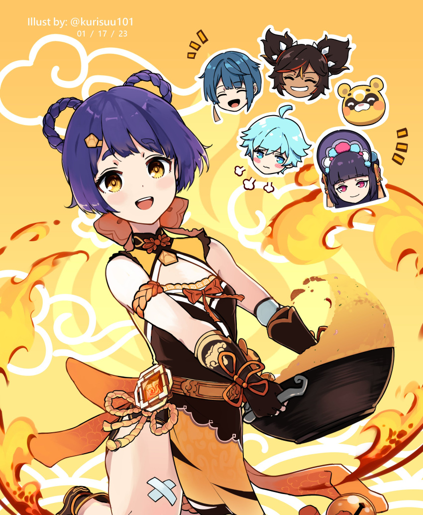 1girl 2boys 3girls :d absurdres aqua_hair armlet bandaid bandaid_on_leg belt black_gloves black_hair blue_hair blunt_bangs blush_stickers bow-shaped_hair braid cameo chibi chibi_inset chinese_clothes chongyun_(genshin_impact) commentary cooking dark-skinned_female dark_blue_hair dark_skin elbow_gloves english_commentary fingerless_gloves fire genshin_impact gloves grin guoba_(genshin_impact) hair_between_eyes hairband highres holding kurisuu101 lolita_hairband long_hair looking_at_viewer multicolored_hair multiple_boys multiple_girls purple_hair red_eyes red_panda sidelocks sleeveless smile solo spikes streaked_hair thick_eyebrows thighlet two-tone_hair wok xiangling_(genshin_impact) xingqiu_(genshin_impact) xinyan_(genshin_impact) yellow_eyes yun_jin_(genshin_impact)