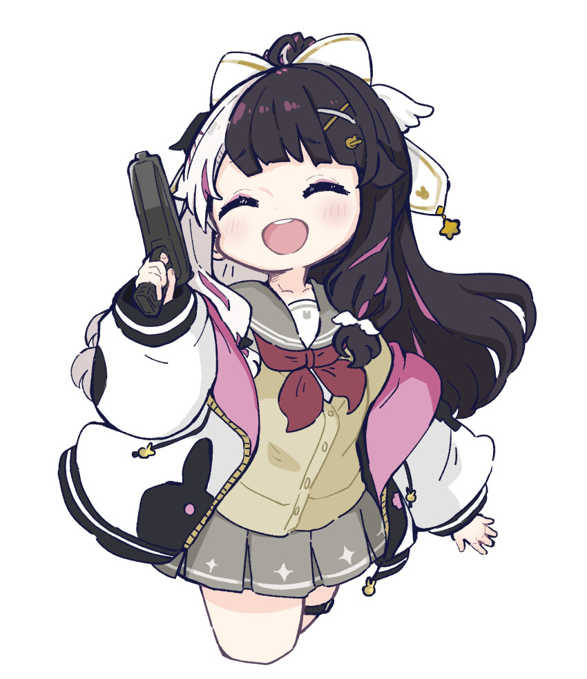 1girl :d ^_^ black_hair blush brown_cardigan cardigan chibi closed_eyes commentary cropped_legs facing_viewer grey_hair grey_sailor_collar grey_skirt gun hair_ornament hairclip handgun highres holding holding_gun holding_weapon hood hood_down hooded_jacket jacket long_hair long_sleeves multicolored_hair neckerchief nijisanji nozo_(hitomiz) open_clothes open_jacket pink_hair pleated_skirt ponytail puffy_long_sleeves puffy_sleeves red_neckerchief sailor_collar simple_background skirt smile solo star_(symbol) symbol-only_commentary teeth two-tone_hair upper_teeth_only very_long_hair virtual_youtuber weapon weapon_request white_background white_jacket x_hair_ornament yorumi_rena