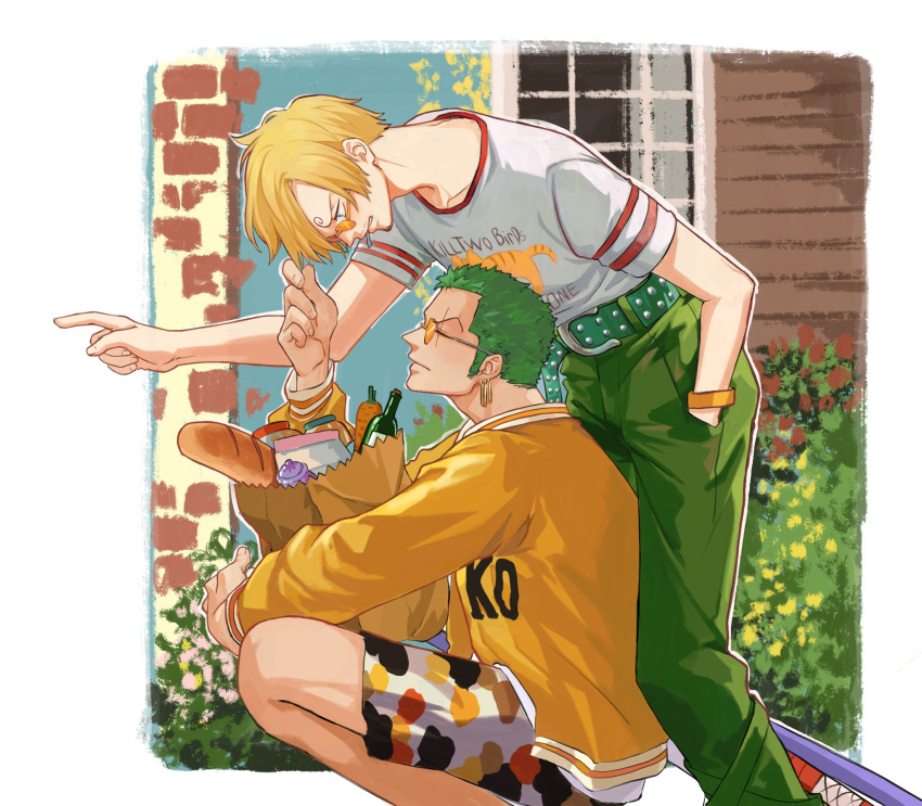 2boys bag baguette blonde_hair bracelet bread curly_eyebrows facial_hair food green_pants grey_hair grocery_bag hand_in_another's_hair hand_in_pocket highres holding jacket jennyandloiryan jewelry male_focus multiple_boys one_piece orange-tinted_eyewear outdoors pants plant pointing roronoa_zoro sanji_(one_piece) scar scar_across_eye shirt shopping_bag short_sleeves squatting tinted_eyewear white_shirt