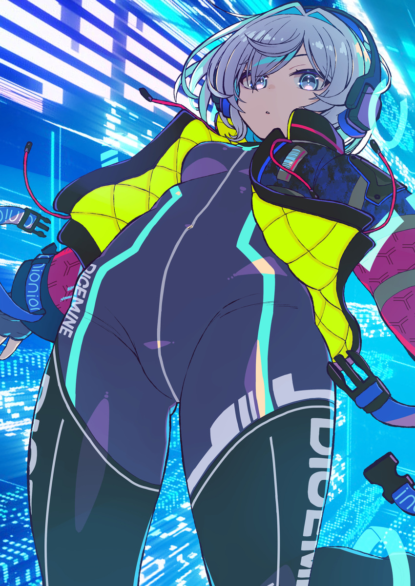 1girl bodysuit breasts grey_eyes grey_hair headphones highres jacket looking_at_viewer medium_hair open_clothes open_jacket original ringed_eyes small_breasts solo tottori vrchat