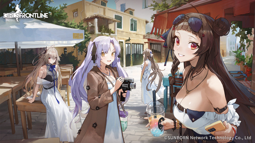 4girls aug_para_(girls'_frontline) aug_para_(sawanobori_in_the_autumn)_(girls'_frontline) cellphone copyright_name cup disposable_cup drinking_straw english_text girls_frontline highres holding holding_camcorder holding_cup holding_phone long_hair model_l_(floating_into_the_blue_sky)_(girls'_frontline) model_l_(girls'_frontline) multiple_girls official_alternate_costume official_art official_wallpaper phone rex_zero_1_(girls'_frontline) rex_zero_1_(pulse-pounding_trilogy)_(girls'_frontline) smartphone sp9_(dream_sleeping_in_the_galaxy)_(girls'_frontline) sp9_(girls'_frontline) stone_walkway